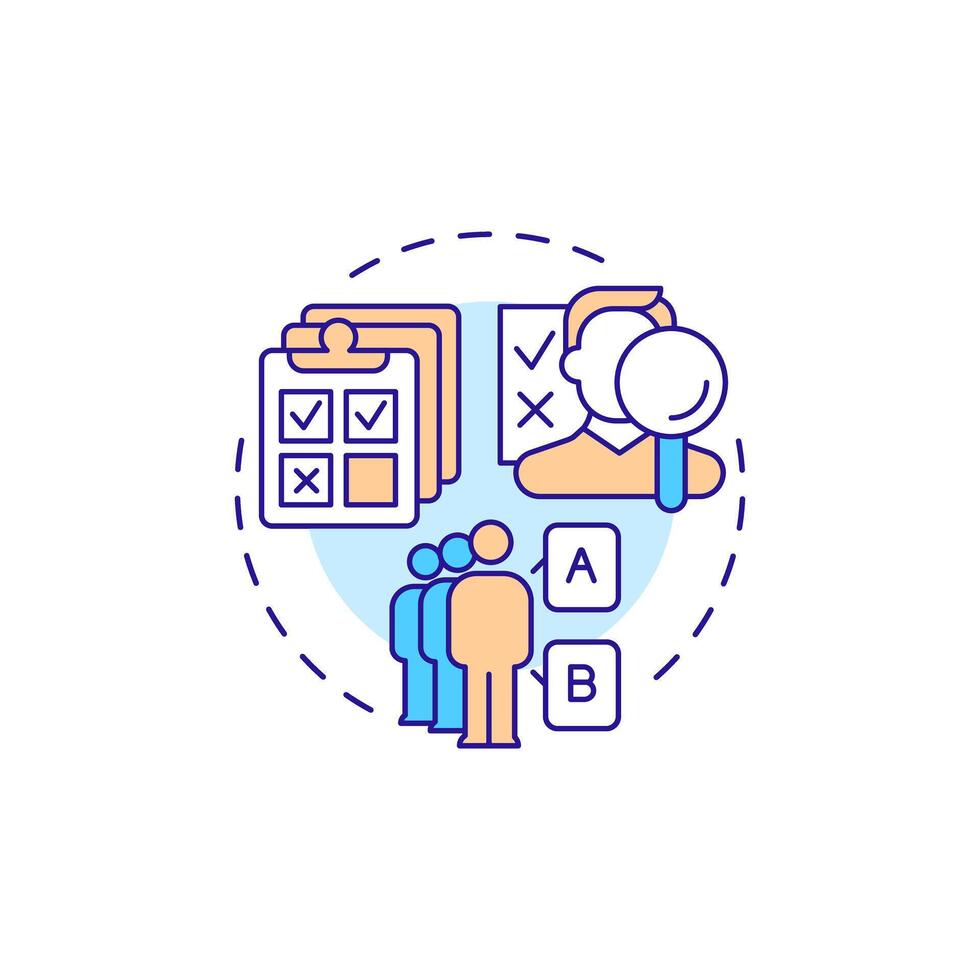 Survey research multi color concept icon. Participants interview, feedback. Questionnaire, documentation. Round shape line illustration. Abstract idea. Graphic design. Easy to use in infographic vector