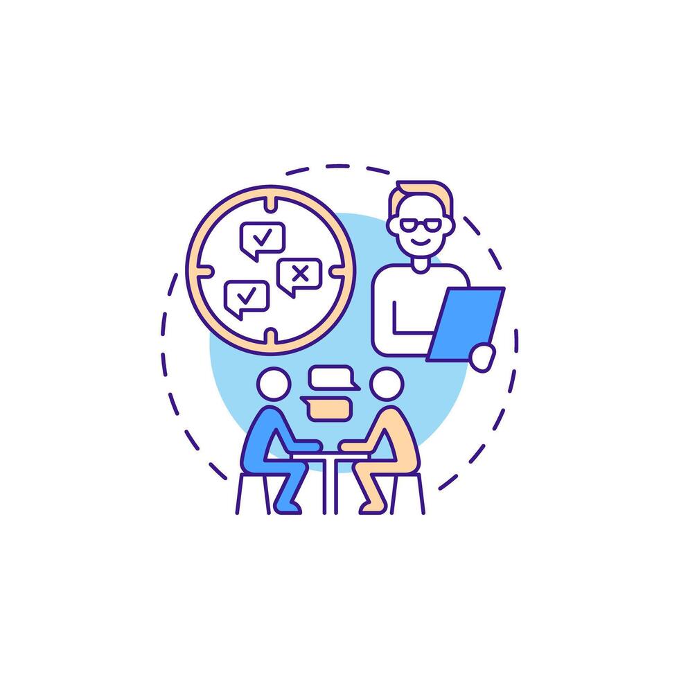 One-to-one interviews multi color concept icon. Hiring, employment. Feedback, survey. Round shape line illustration. Abstract idea. Graphic design. Easy to use in infographic, presentation vector