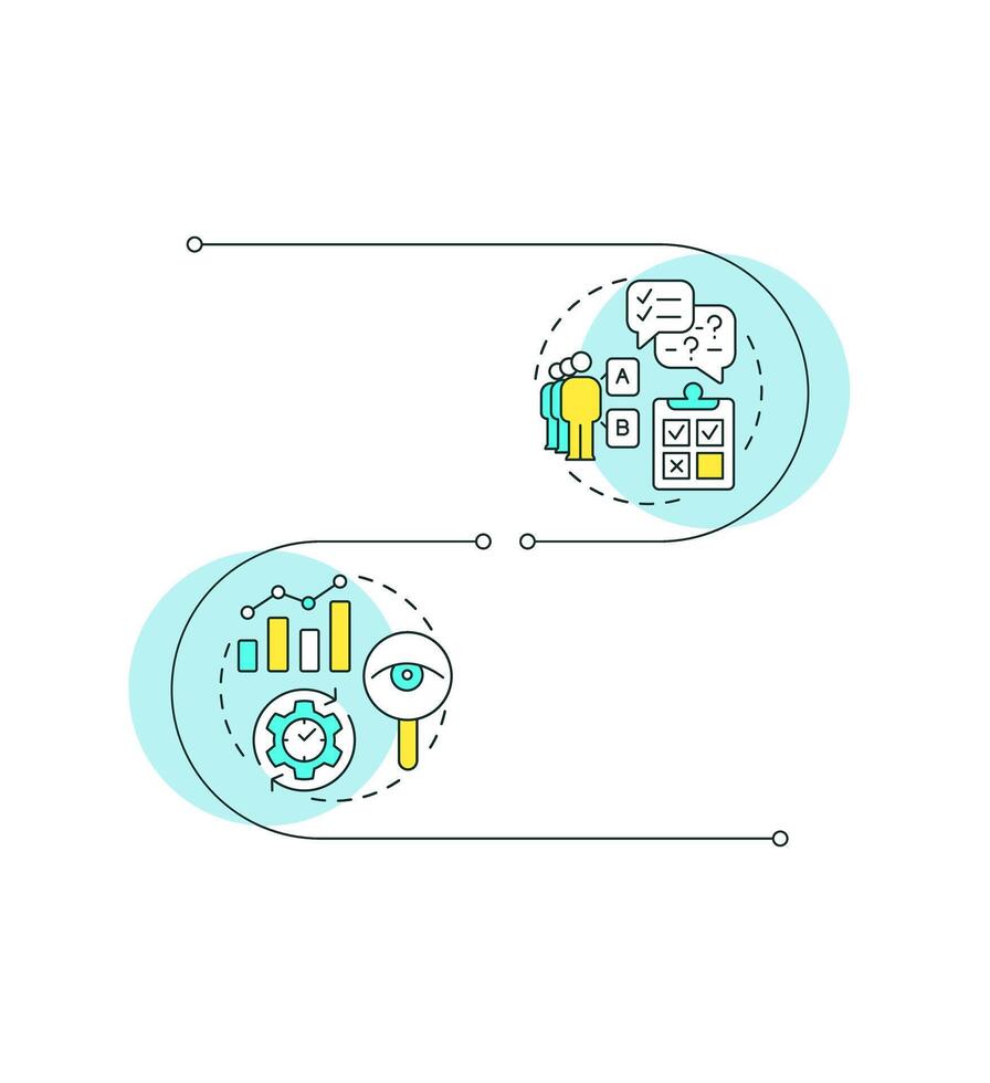 Different market research types infographic vertical sequence. Social sciences. Visualization infochart with 2 steps. Circles workflow vector