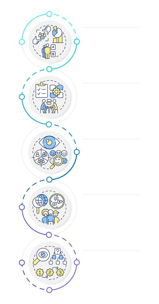 Qualitative market research different methods infographic design template. Marketing, analytics. Data visualization 5 options. Process vertical flow chart vector