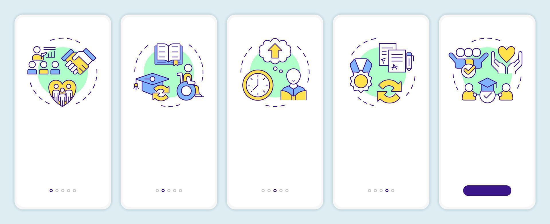 Inclusive learning onboarding mobile app screen. Education program walkthrough 5 steps editable graphic instructions with linear concepts. UI, UX, GUI template vector