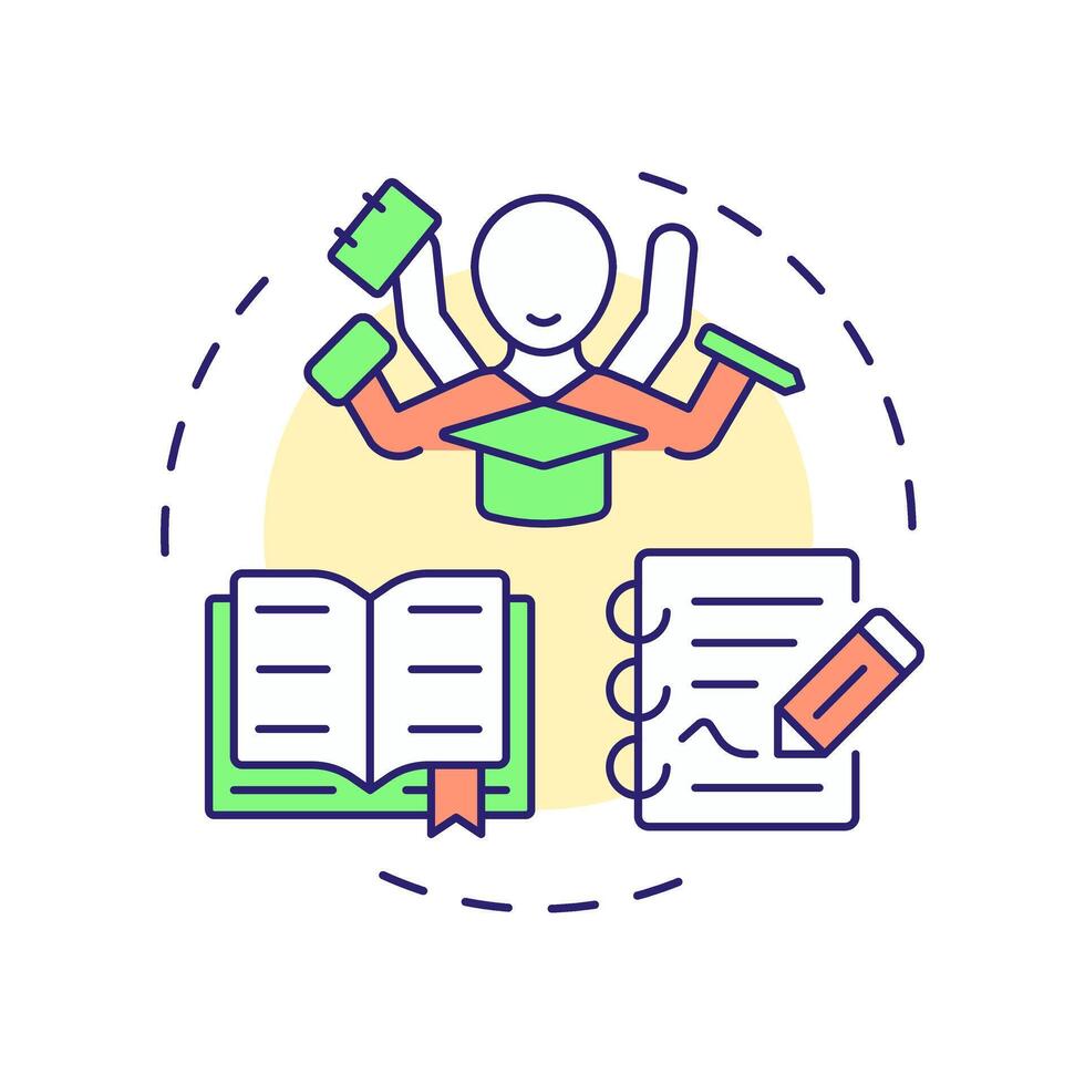 Reading and writing multi color concept icon. Studying with textbooks and articles. Education opportunities. Round shape line illustration. Abstract idea. Graphic design. Easy to use in article vector
