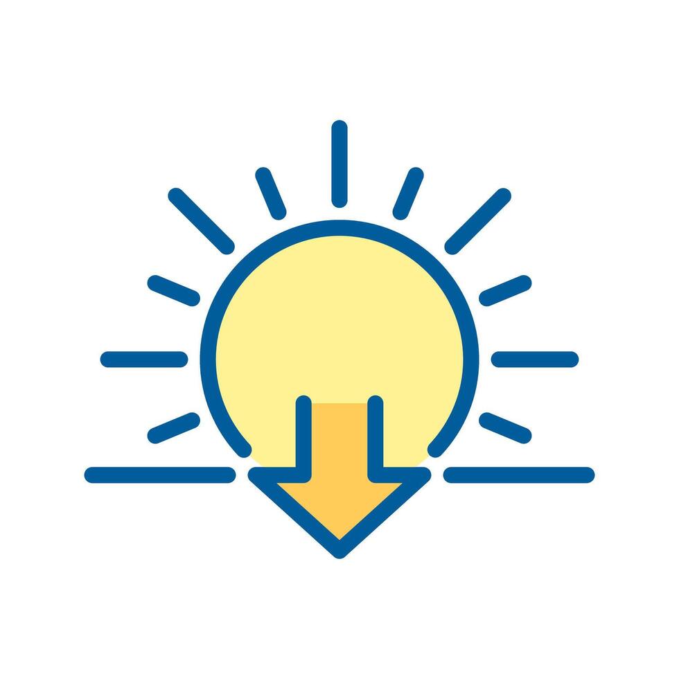 Sunset RGB color icon. Sun and downward arrow symbol. Evening time. Dusk symbol. Transition from day to night. Isolated illustration. Simple filled line drawing. Editable stroke vector