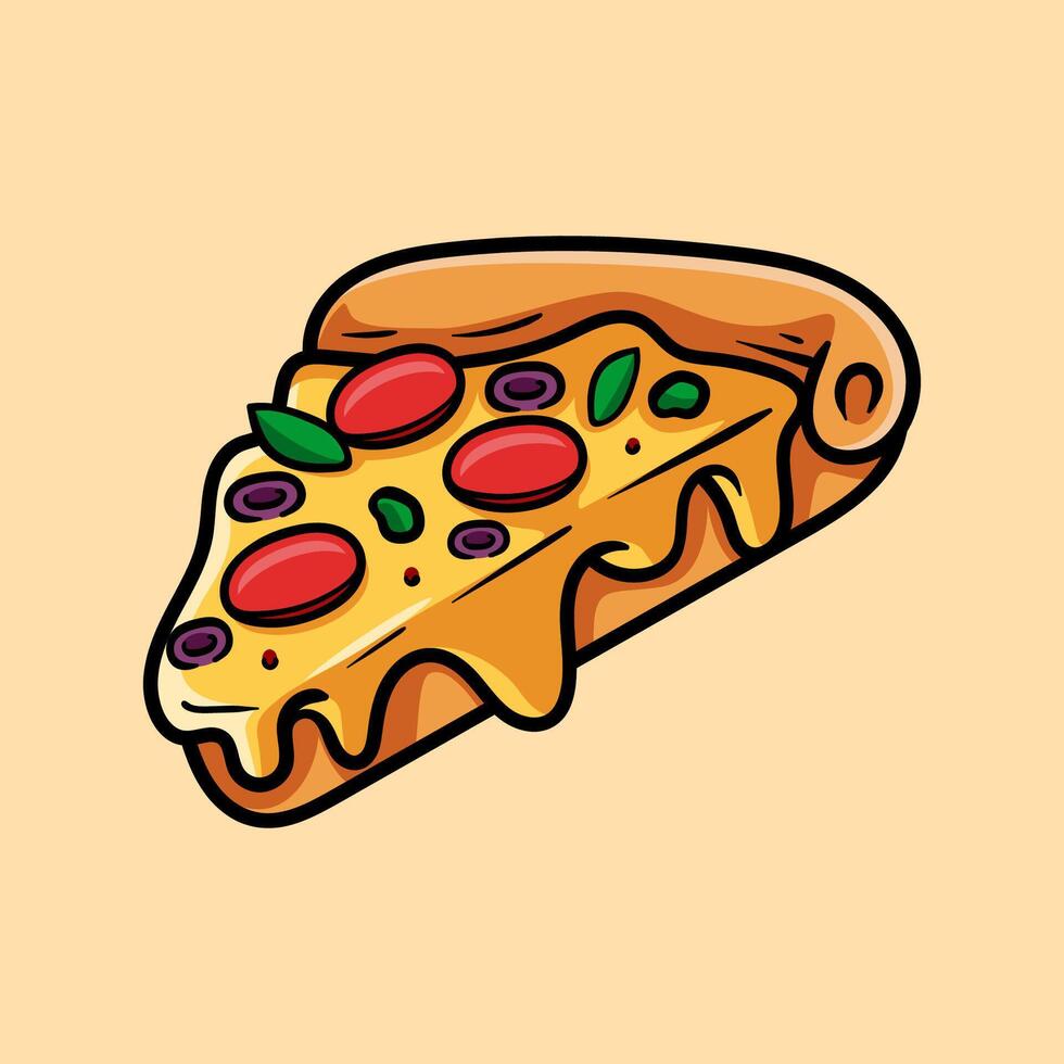 sliced pepperoni pizza isolated colored drawing line art style design illustration vector