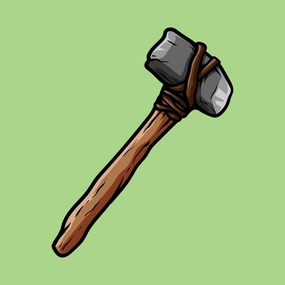 wooden stone hammer or axe isolated colored drawing line art style design illustration vector