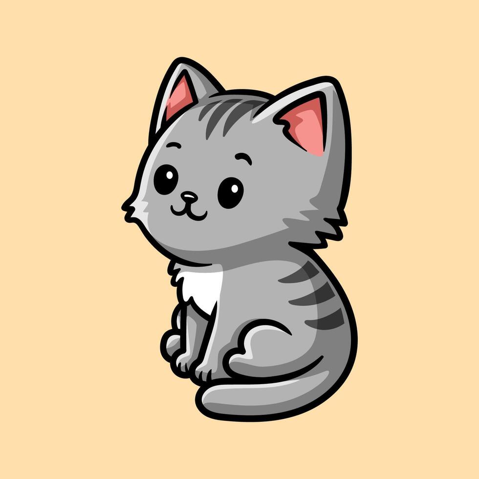 fun cartoon character of sitting cat isolated colored drawing line art style design illustration vector