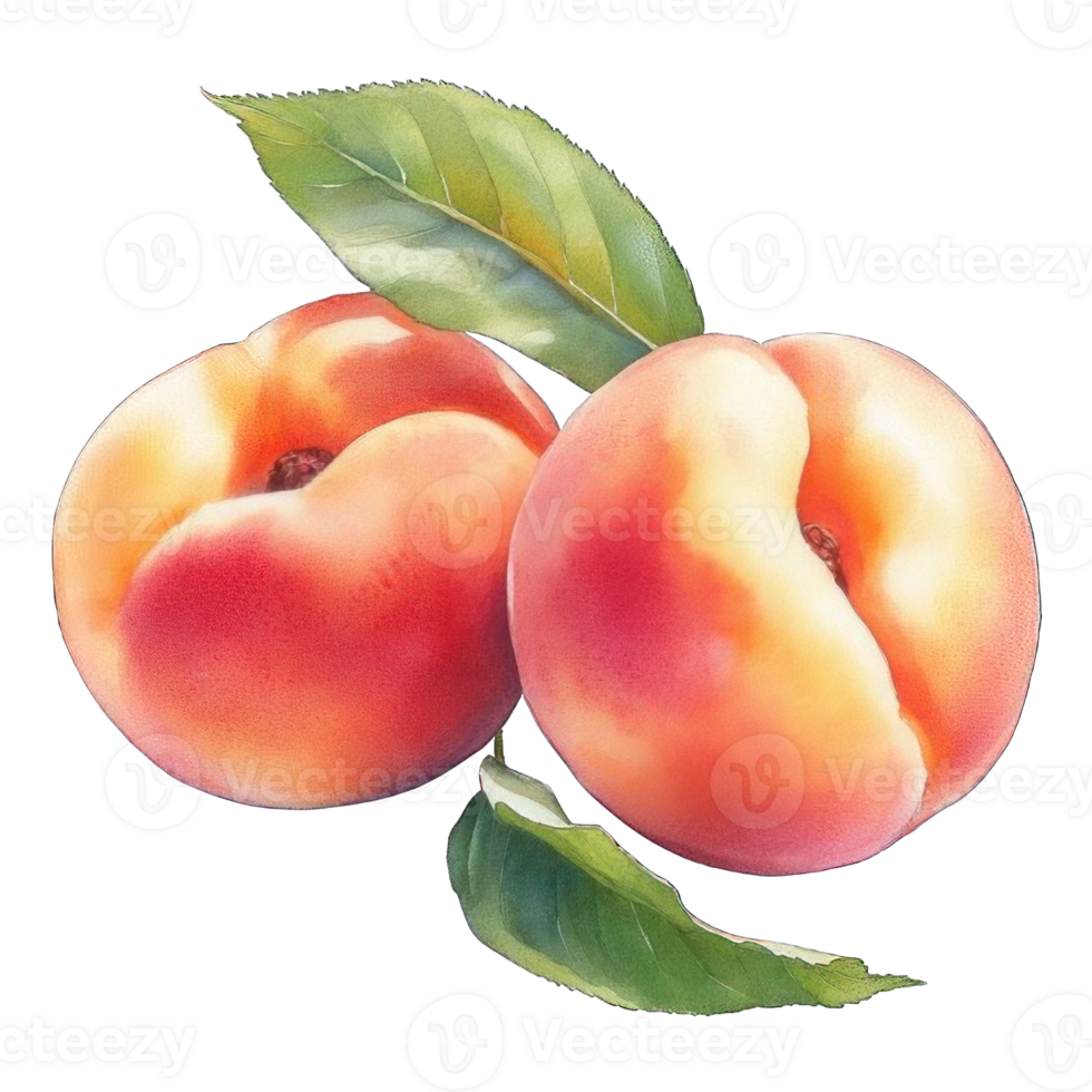 Collection of . Watercolor painting of peaches with a green leaves, isolated on a transparency background. png
