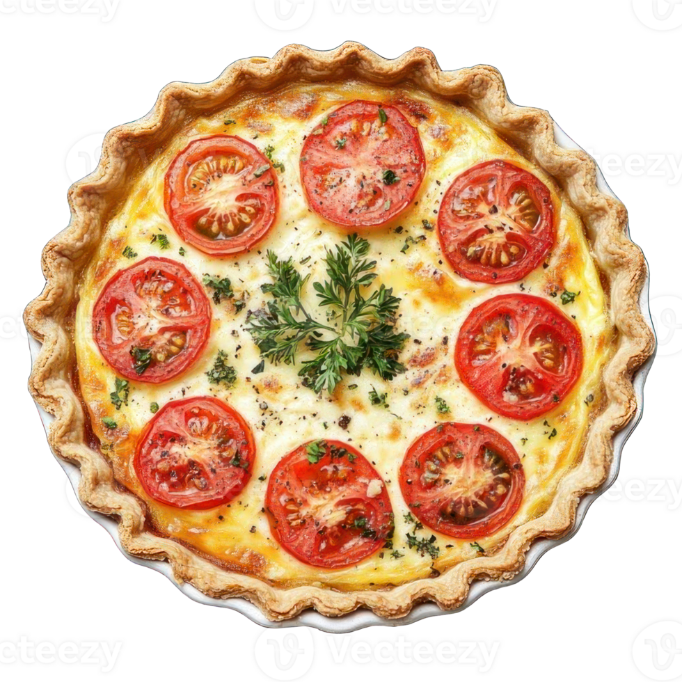 Collection of . A Quiche with a Flaky Crust Filled with Eggs, Cheese, Tomatoes and Herbs, isolated on a transparency background. png