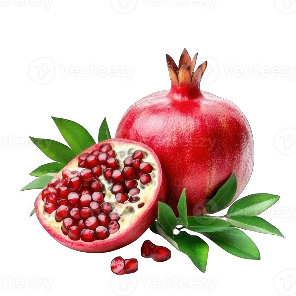 Collection of . A Whole and Half Pomegranate with Green Leaves, isolated on a transparency background. png