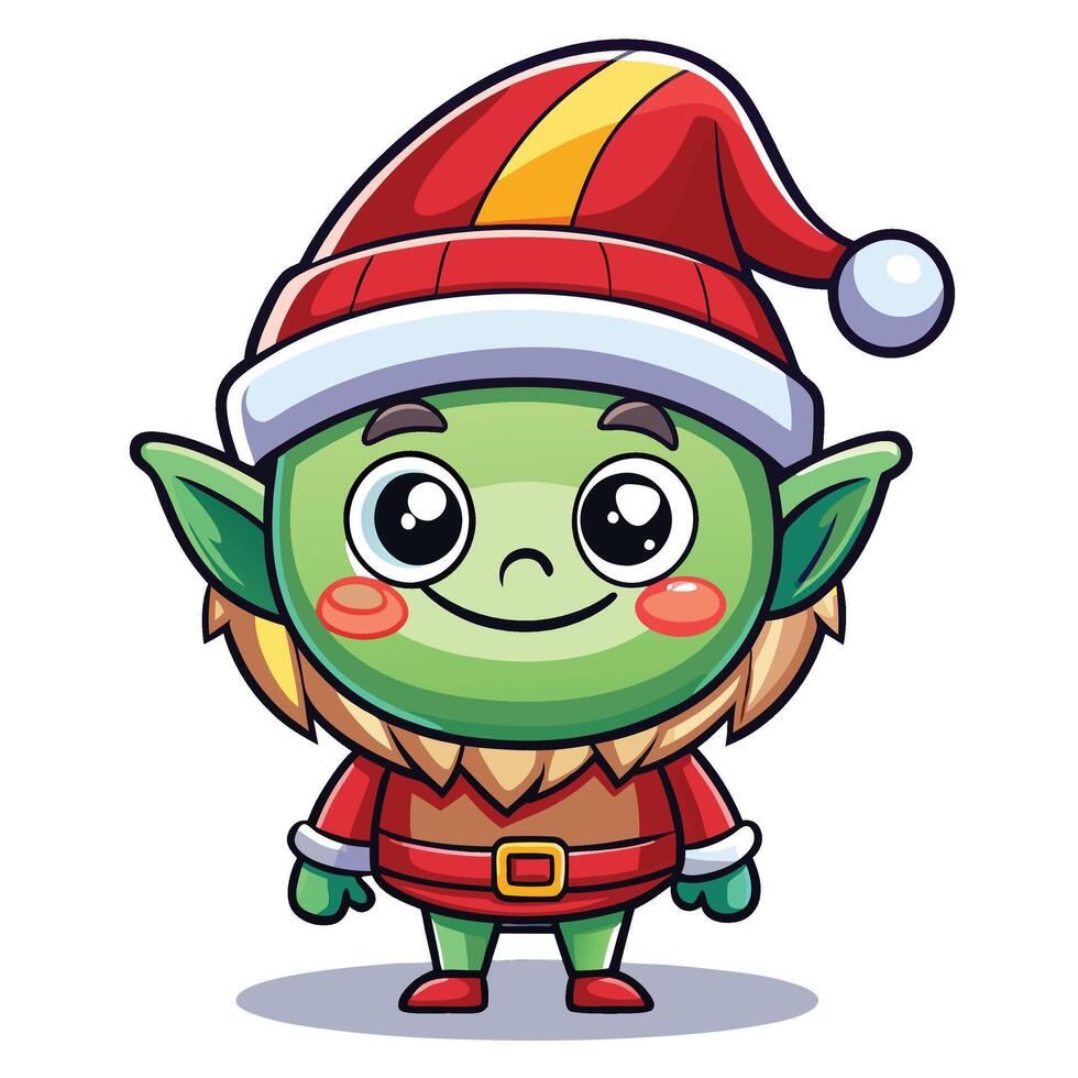a cartoon green elf in a santa hat vector