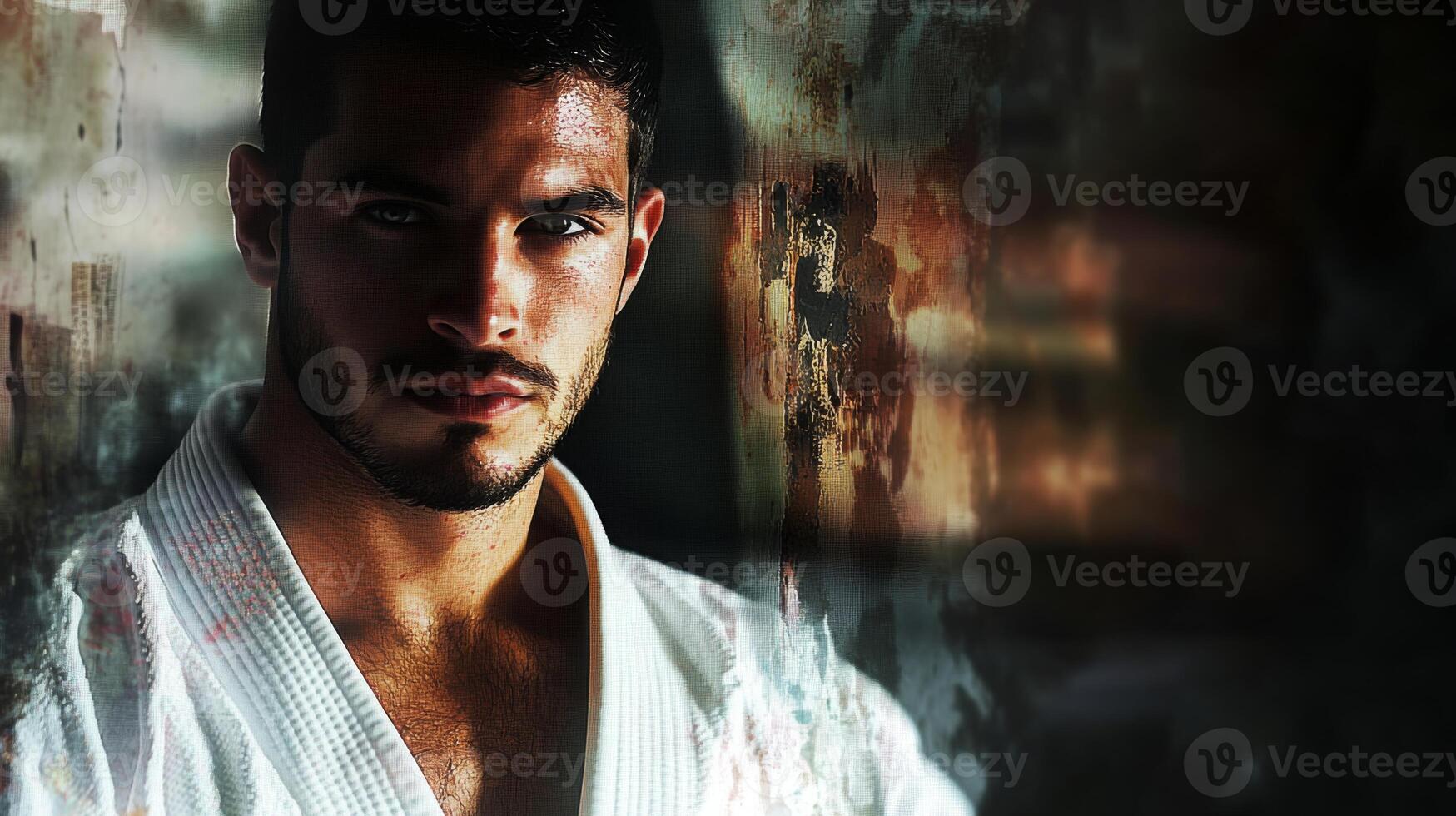 In a dimly lit dojo, a martial artist, dressed in a traditional gi, displays intense focus and determination while preparing for training. The atmosphere reflects commitment to the art. photo