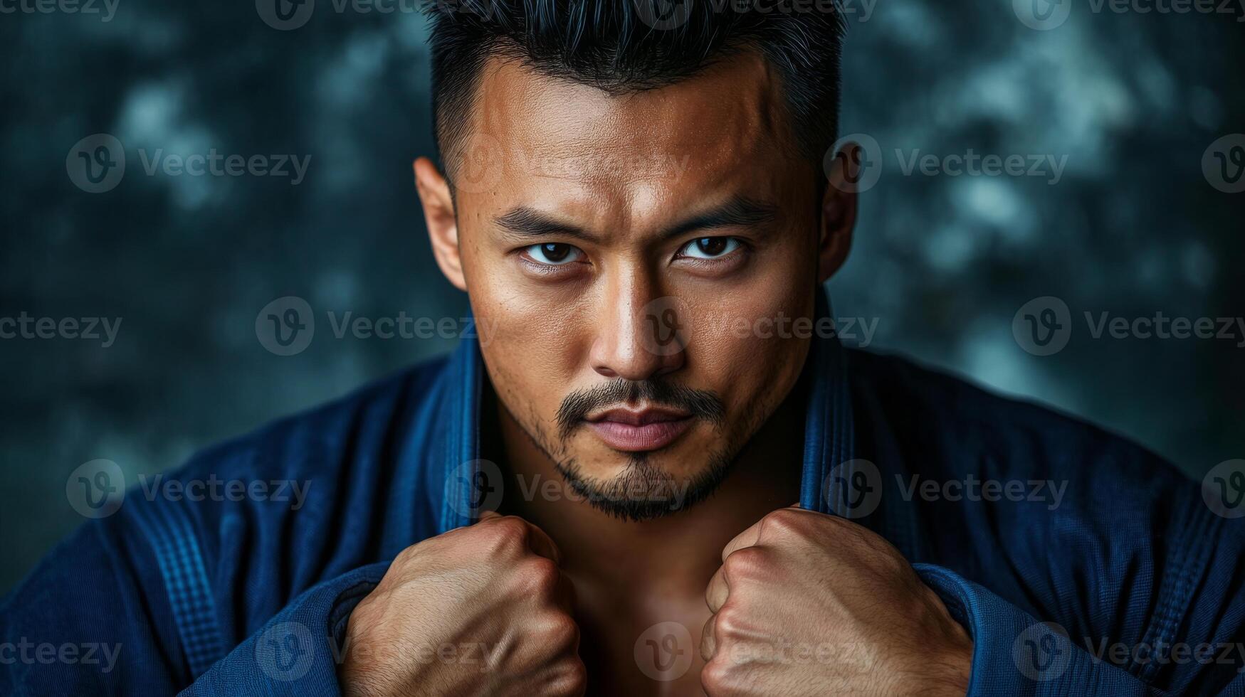 A man with short black hair is wearing a blue martial arts uniform. He is looking directly at the camera with a serious expression on his face. photo