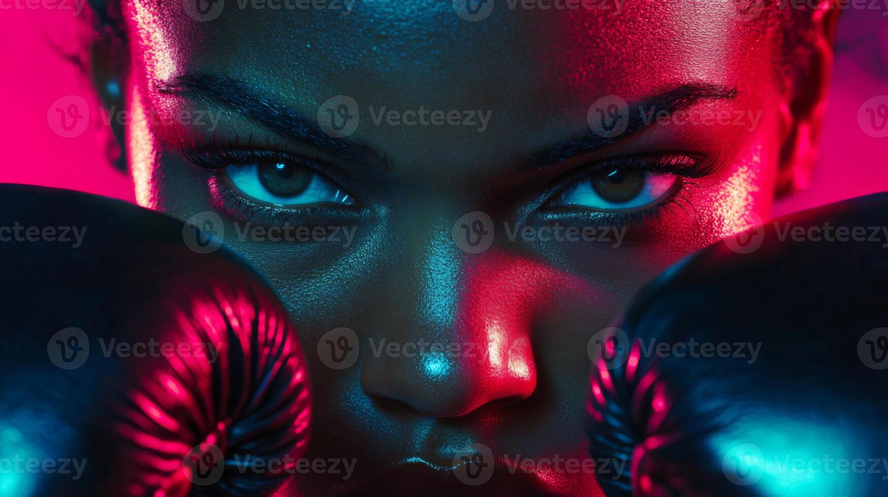 A female boxer stares intensely at the camera while wearing black boxing gloves. photo
