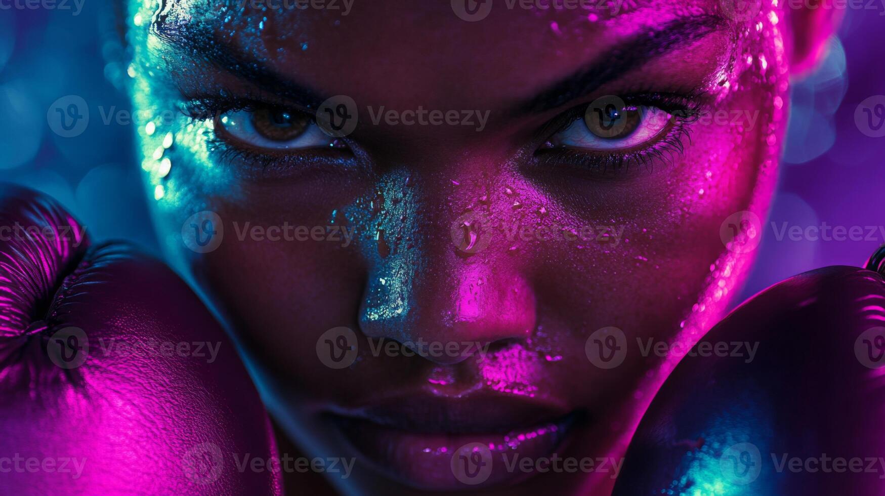 Sweat glistens on the fierce expression of a boxer, highlighting determination and focus. The colorful lighting enhances the atmosphere as the athlete prepares for a challenging bout. photo