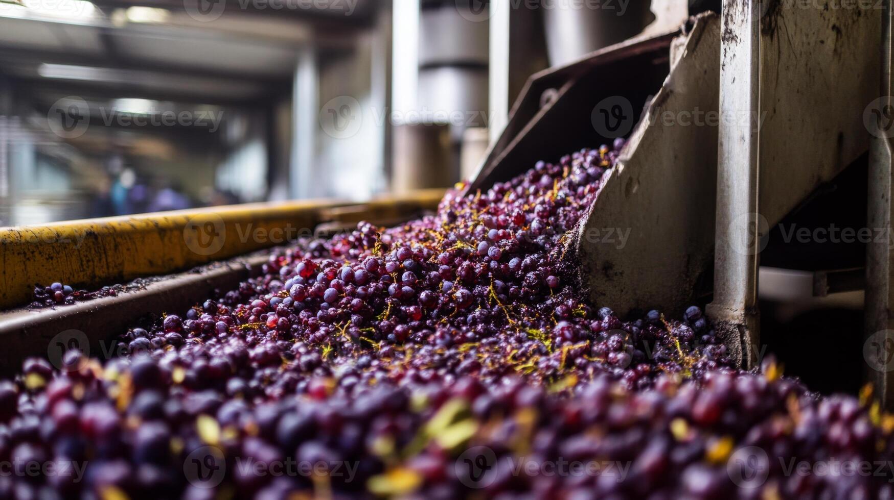 Freshly harvested grapes flow down a conveyor belt in a wine production facility, highlighting the natural winemaking process. Workers are seen in the background, focused on quality control. photo