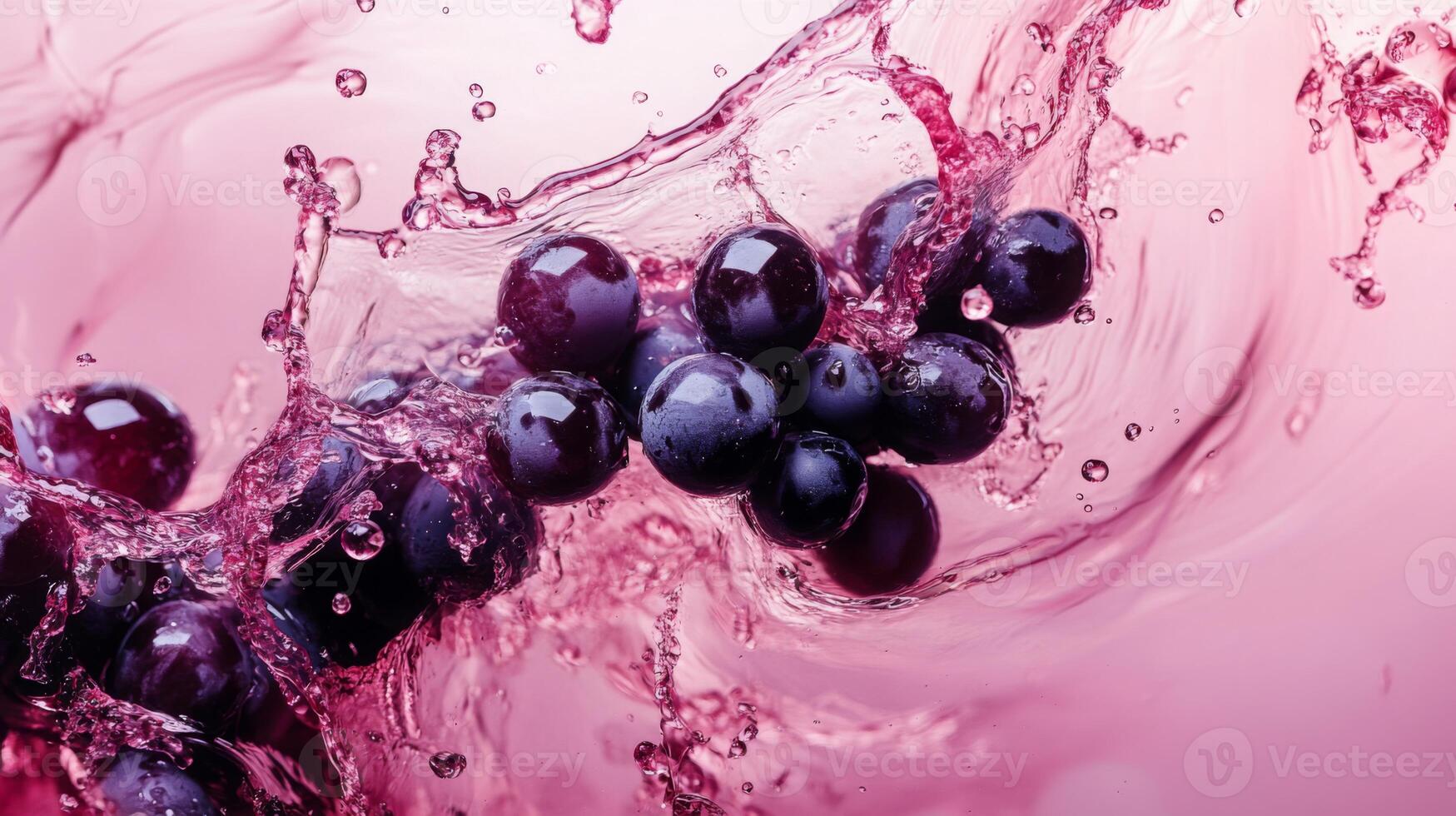 Fresh grapes are immersed in a splash of wine, creating a dynamic display of color and movement. The scene evokes the essence of natural winemaking, highlighting the beauty of the harvest. photo