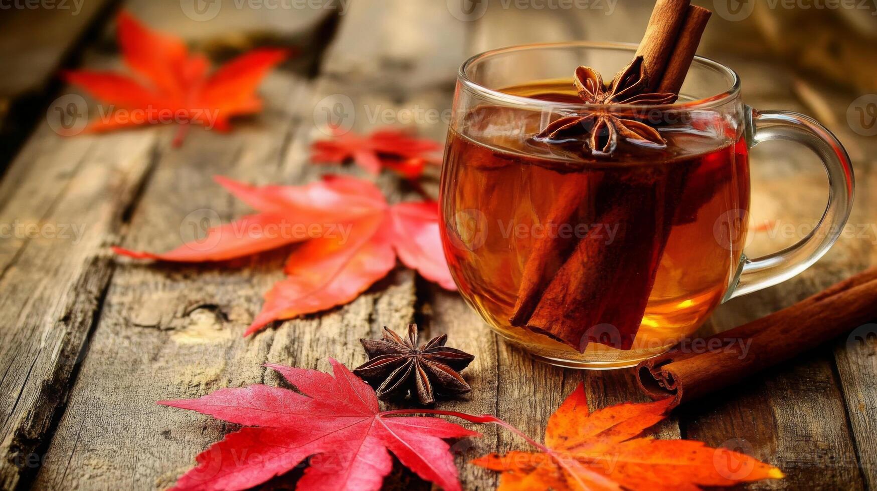 A warm cup of spiced tea sits on a weathered wooden table, surrounded by vibrant autumn leaves. Cinnamon sticks and star anise add a seasonal flair, inviting warmth and comfort. photo