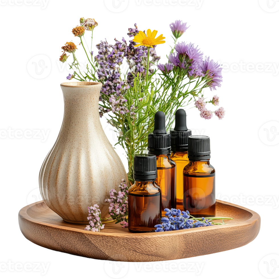 Essential Oils and Flowers on Wooden Tray Display png