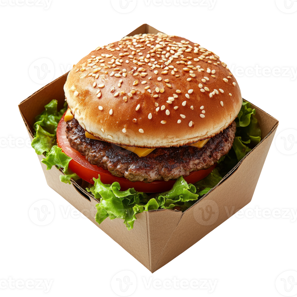 Fresh Delicious Hamburger in Box with Lettuce and Tomato png