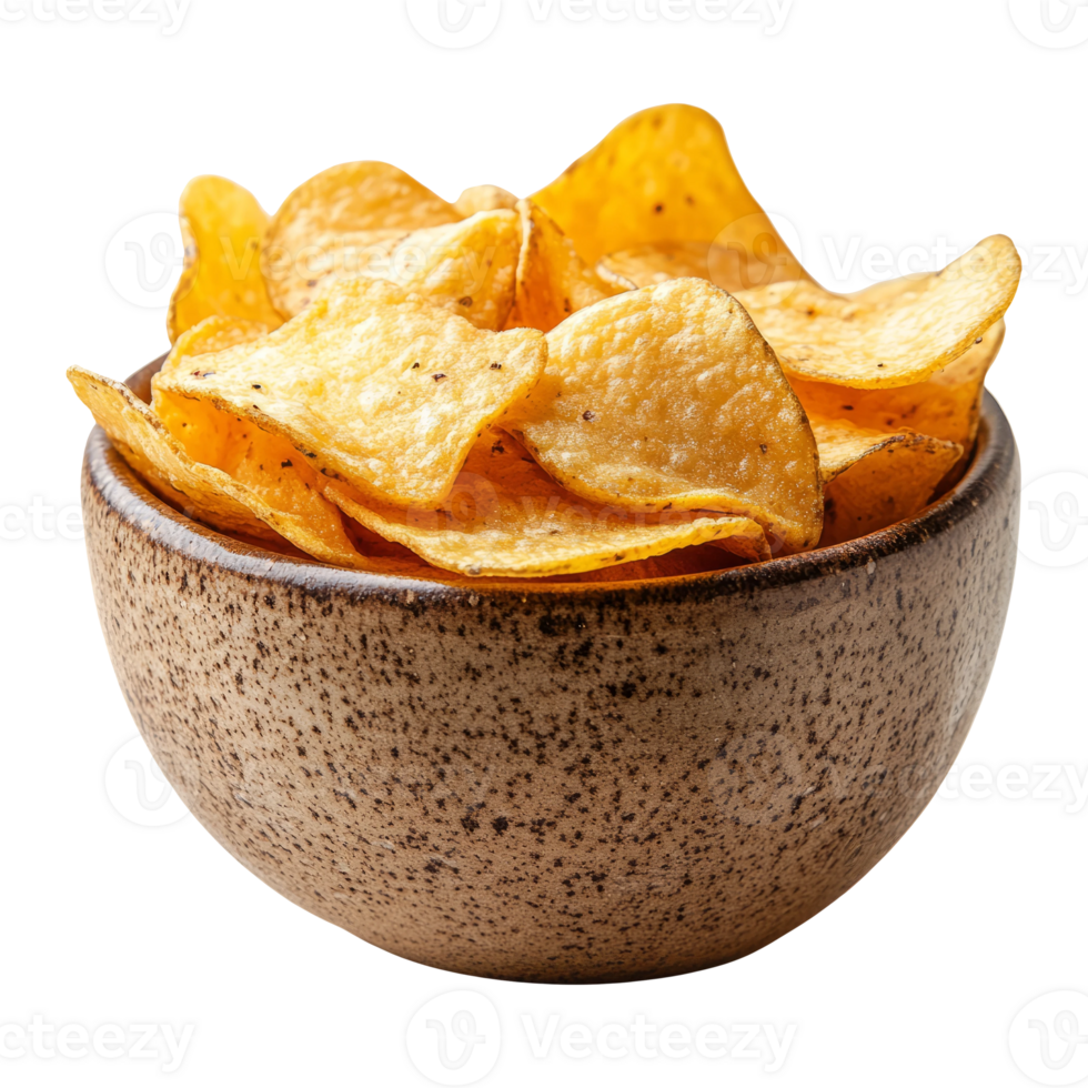 Crunchy Potato Chips in Rustic Bowl on Clear Background png