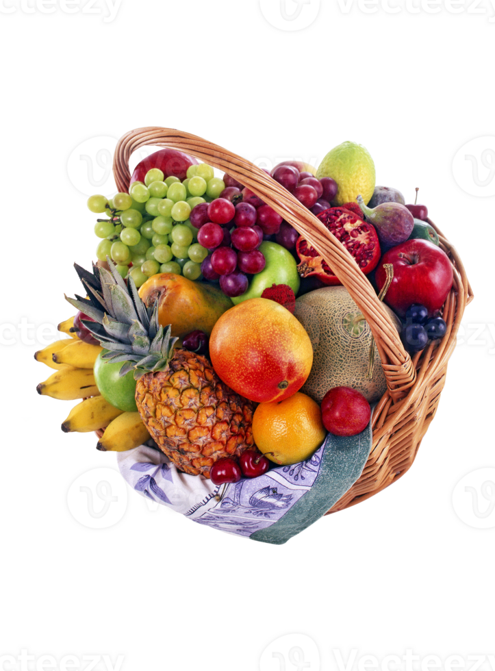 wicker basket with various types of fresh and colorful fruits png