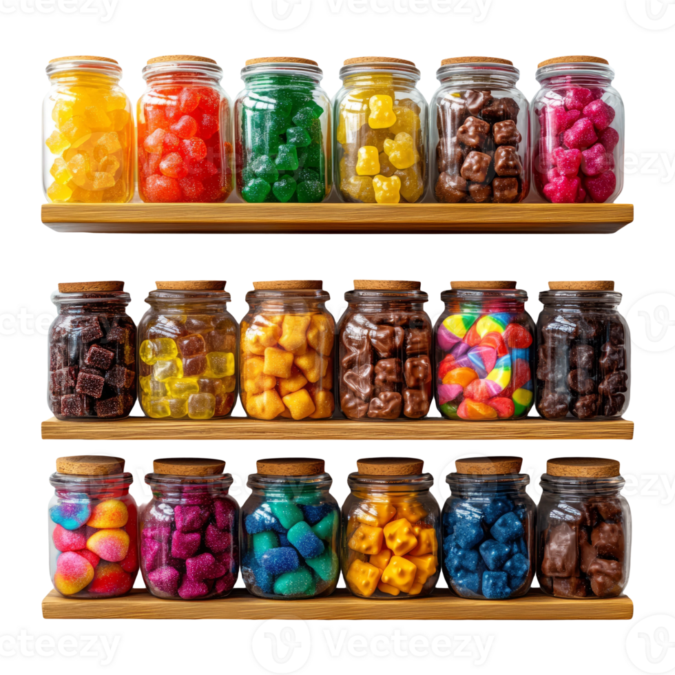 Colorful Candy Jars on Shelves with Transparent Background png