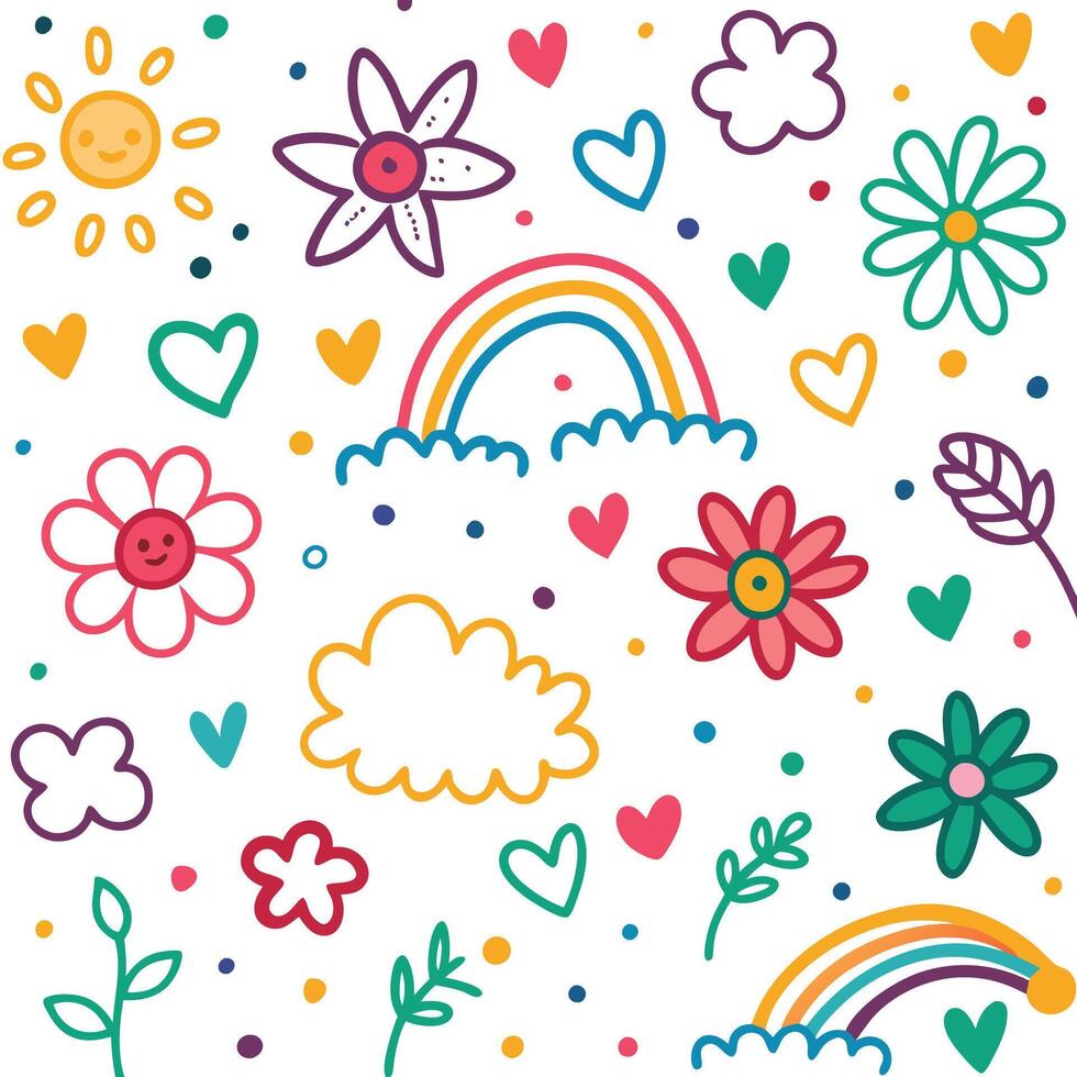 a colorful set of flowers, hearts, and clouds vector