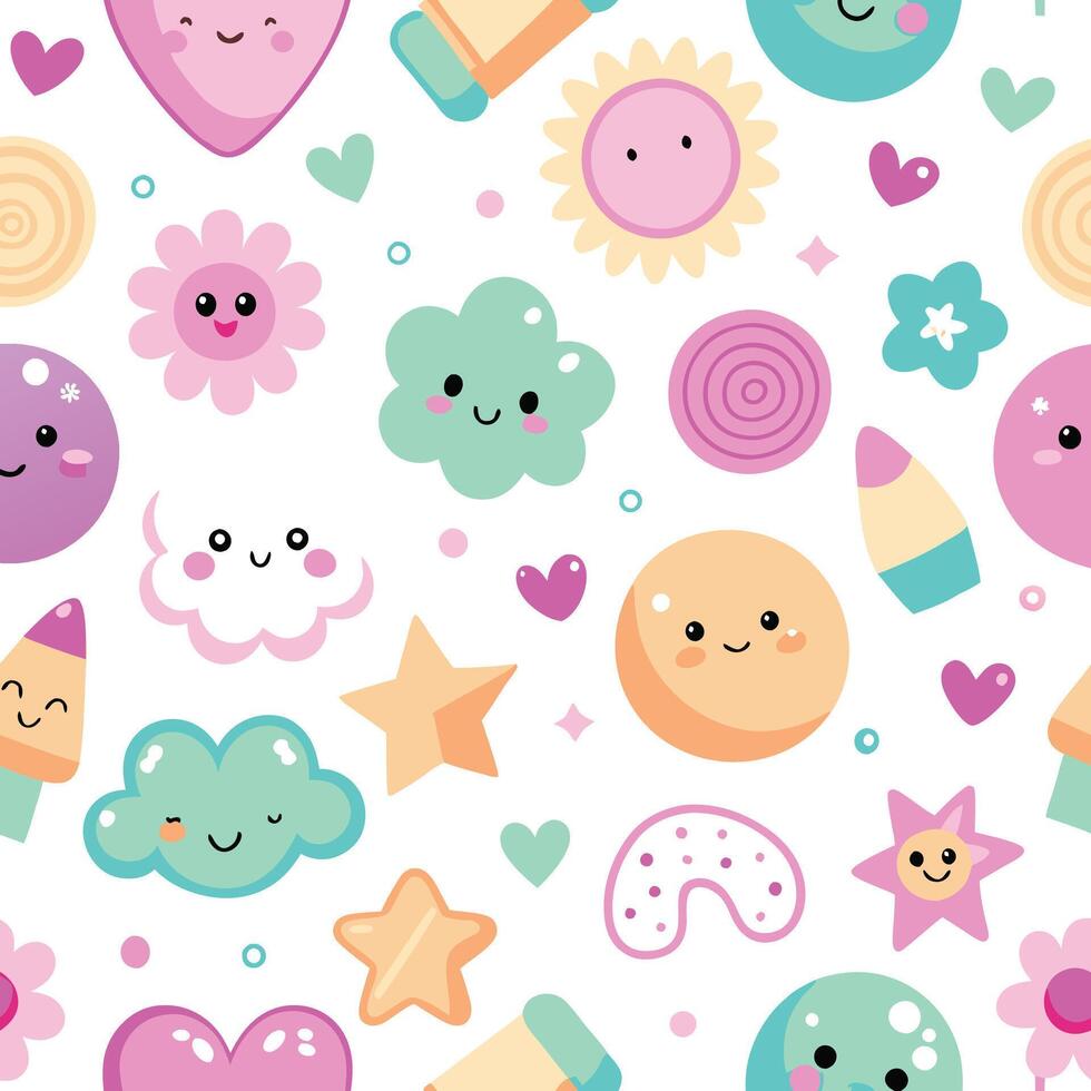 cute kawaii seamless pattern with cute faces and hearts vector