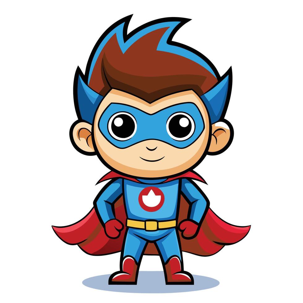 superhero boy in blue costume with red cape and blue eyes vector