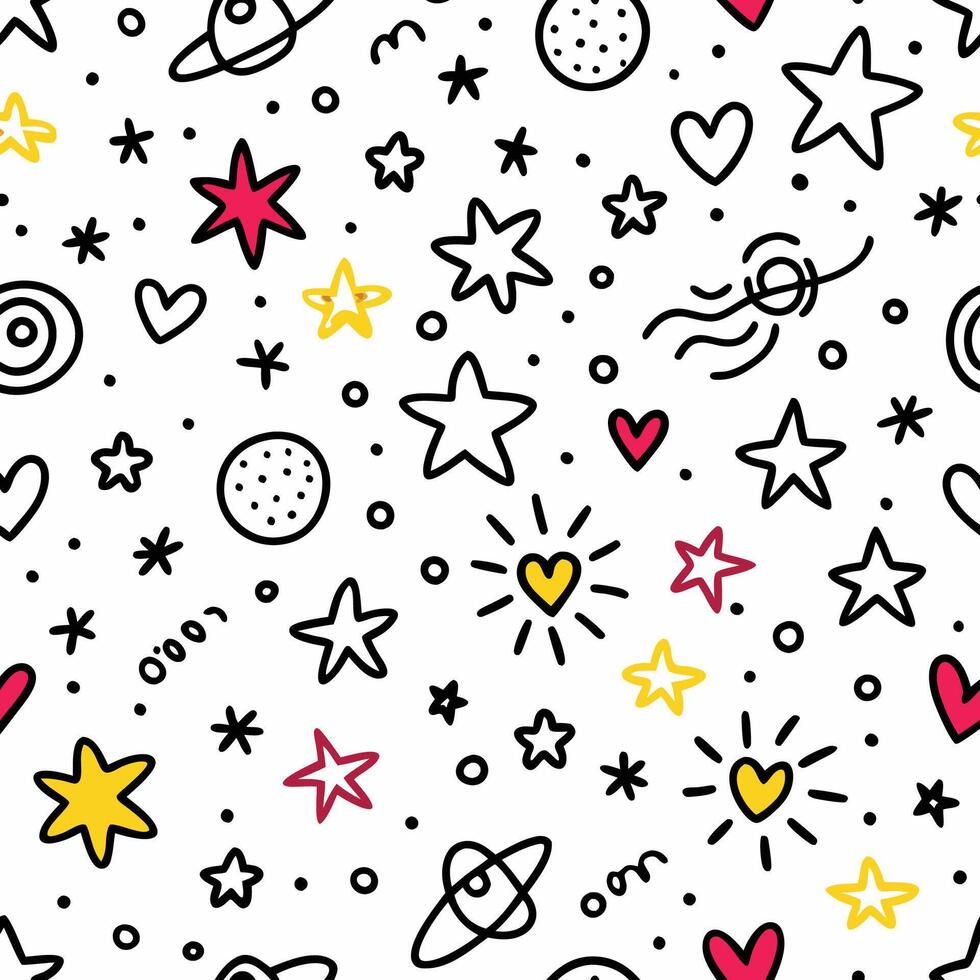 a seamless pattern with stars, hearts and planets vector