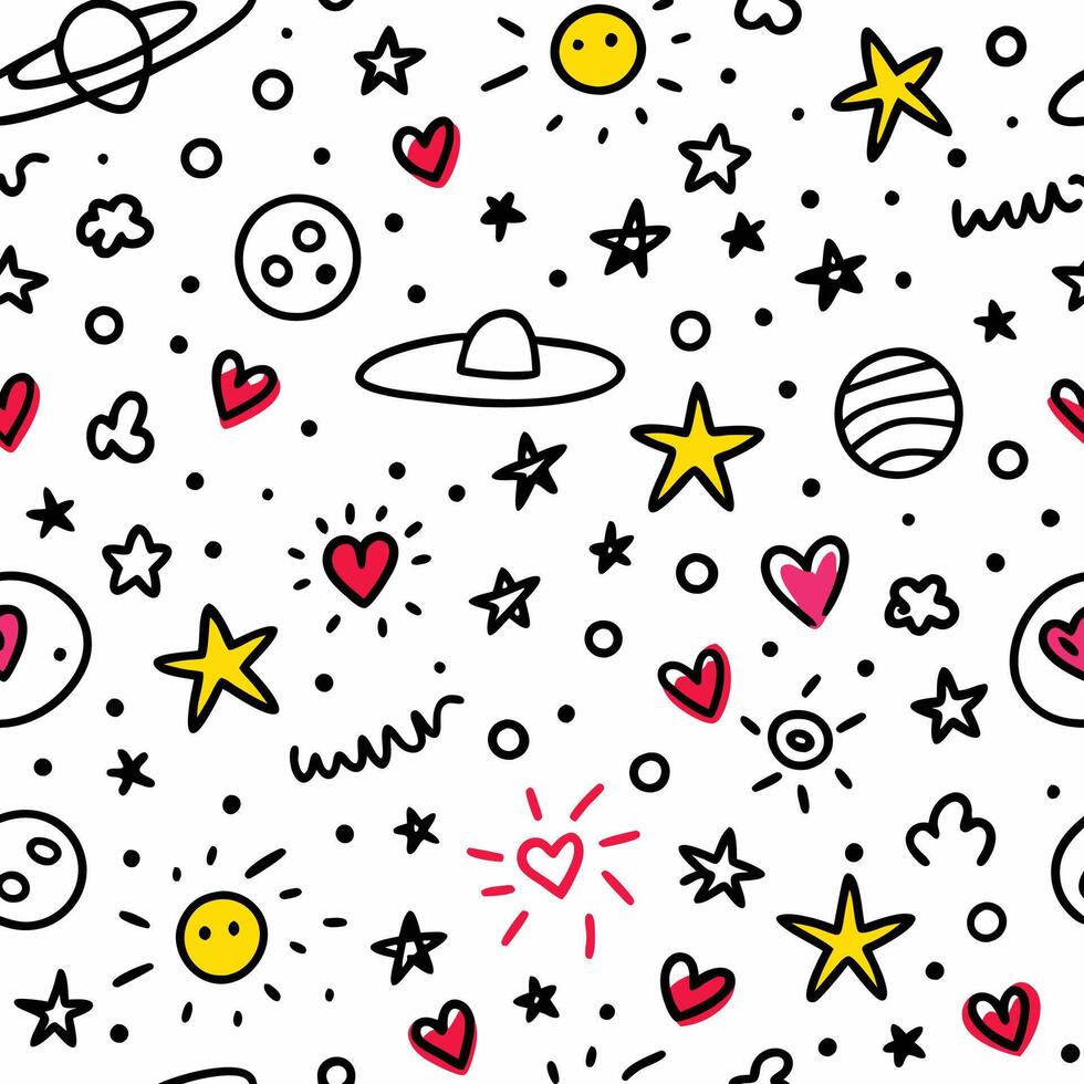 a seamless pattern with stars, planets and hearts vector