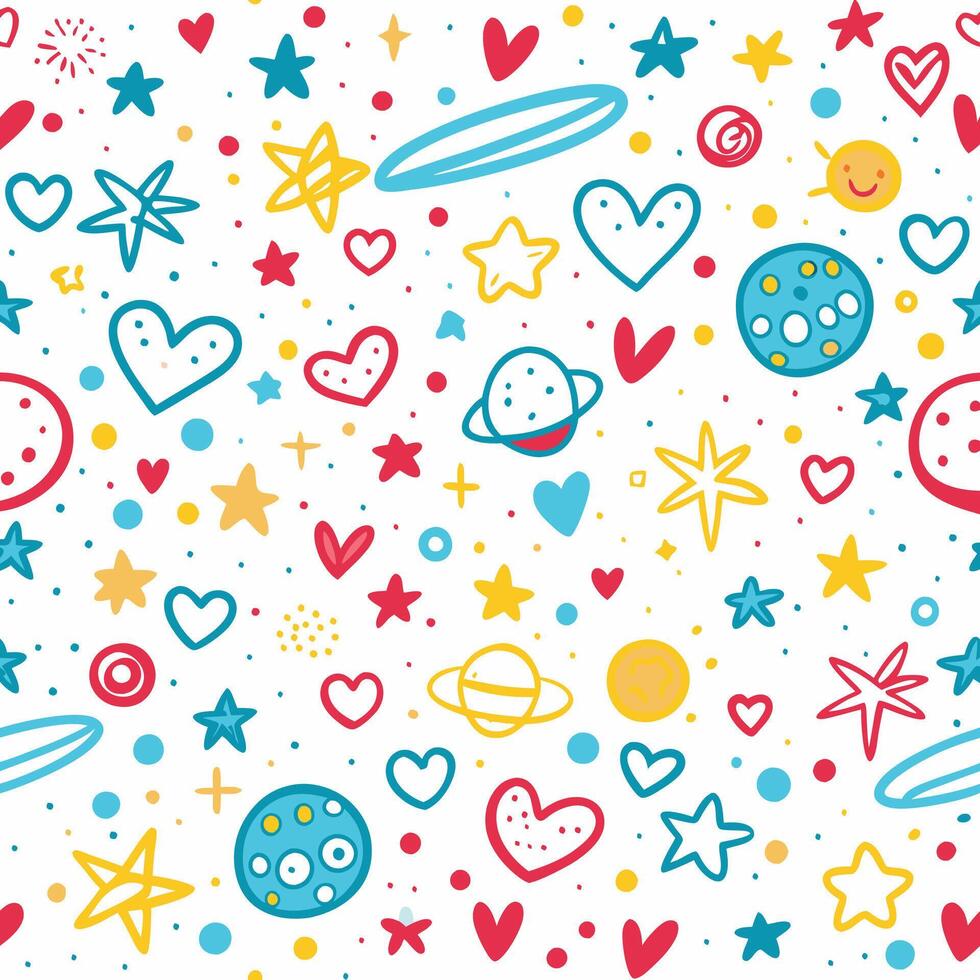 a colorful space pattern with hearts, stars and planets vector