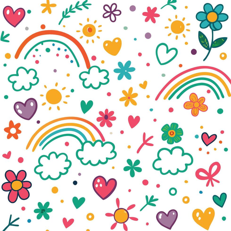 a colorful pattern with hearts, flowers and rainbows vector