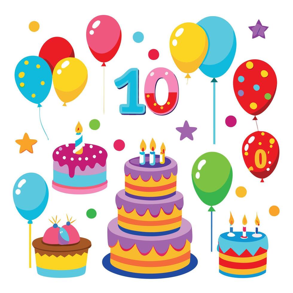 birthday cake and balloons with the number ten vector