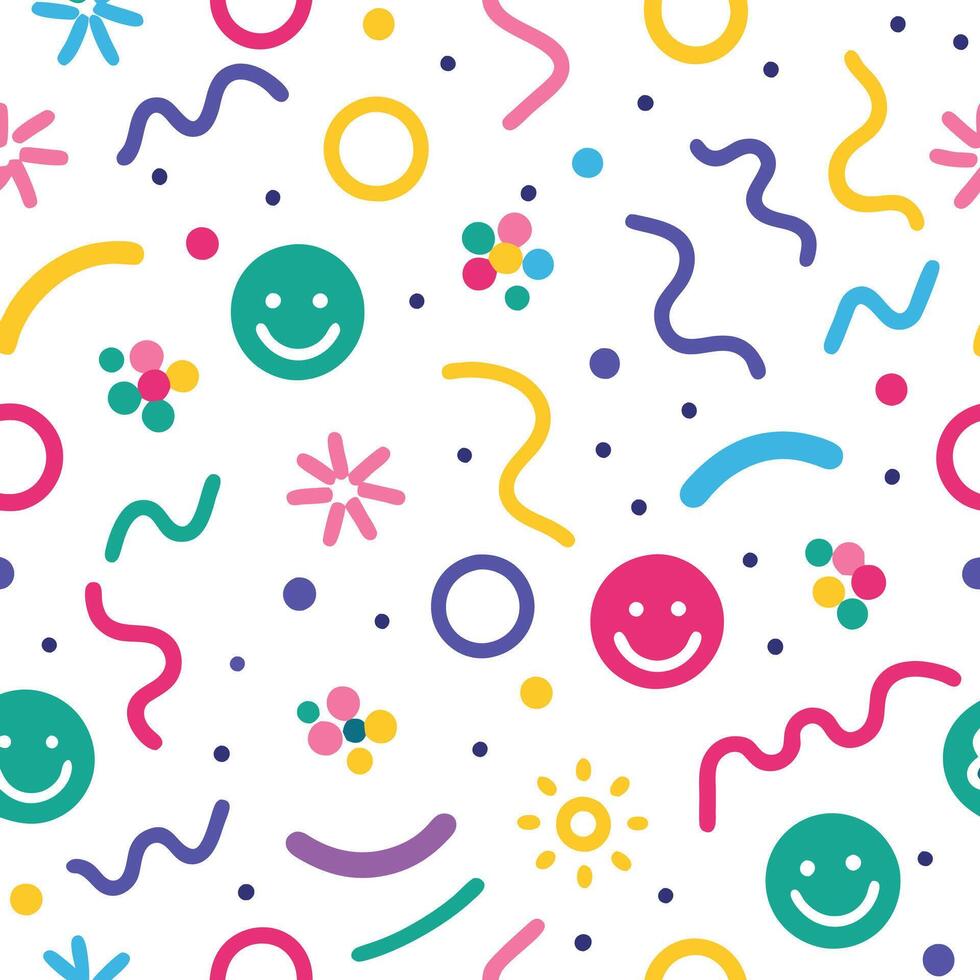 a colorful pattern with smiley faces and other shapes vector