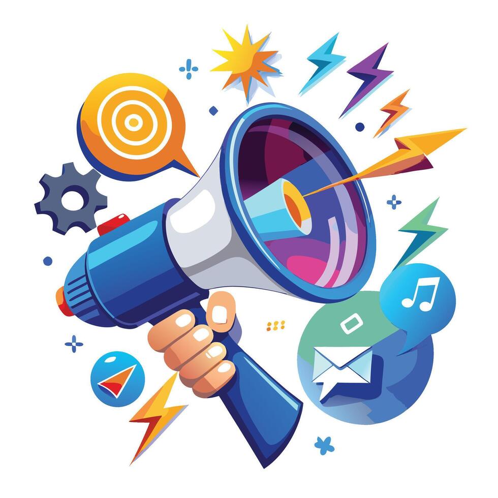 a hand holding a megaphone with various icons vector