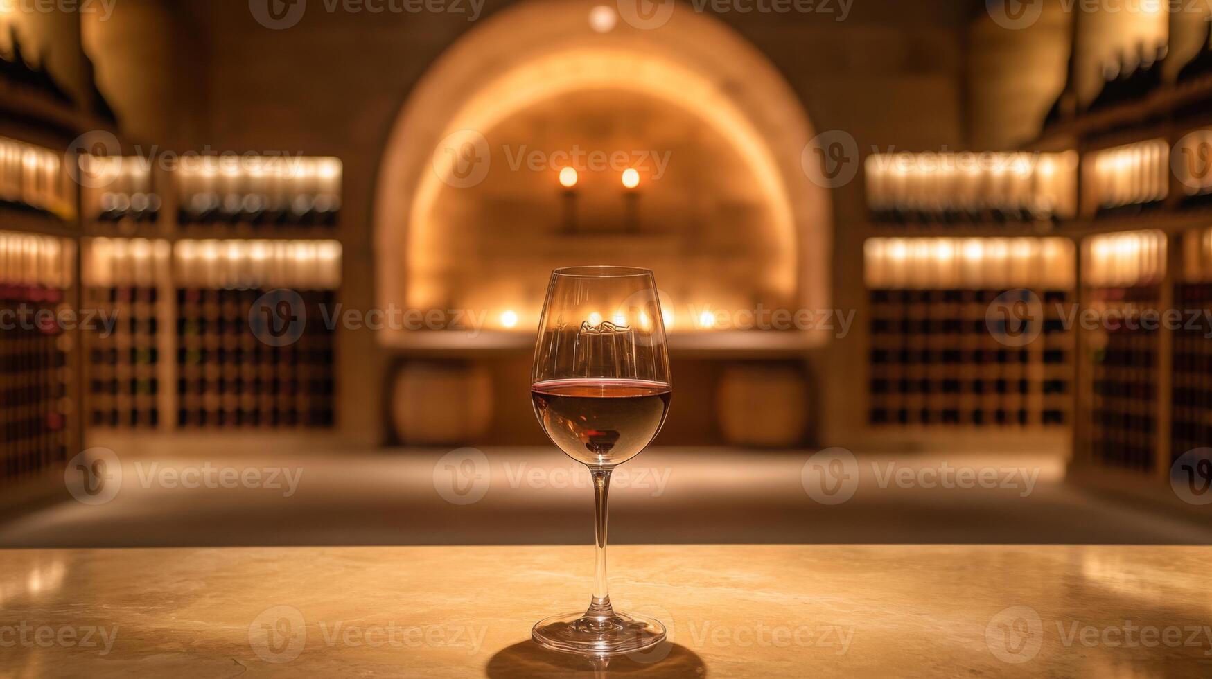 A beautiful wine glass filled with dark red wine stands prominently on a marble counter, surrounded by warm ambient lighting in an elegant cellar. photo