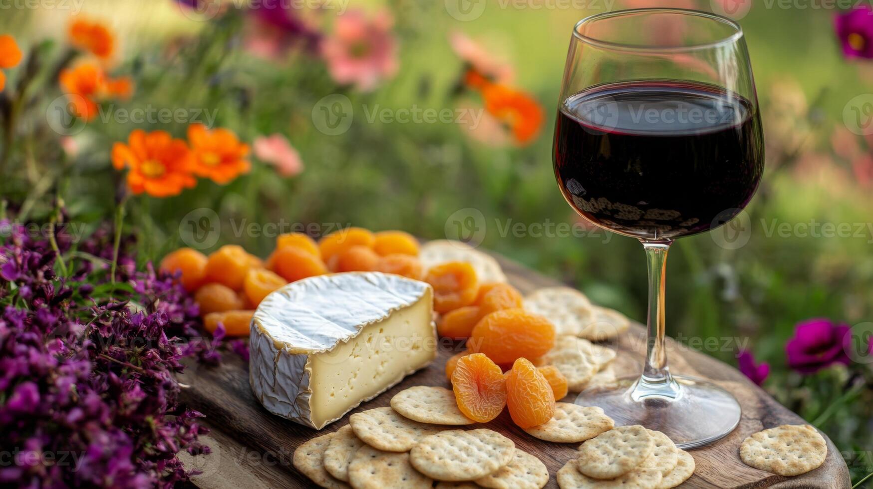 A beautifully arranged platter features creamy cheese, crunchy crackers, and sweet apricots, complemented by a glass of red wine. The vibrant garden serves as a serene backdrop. photo