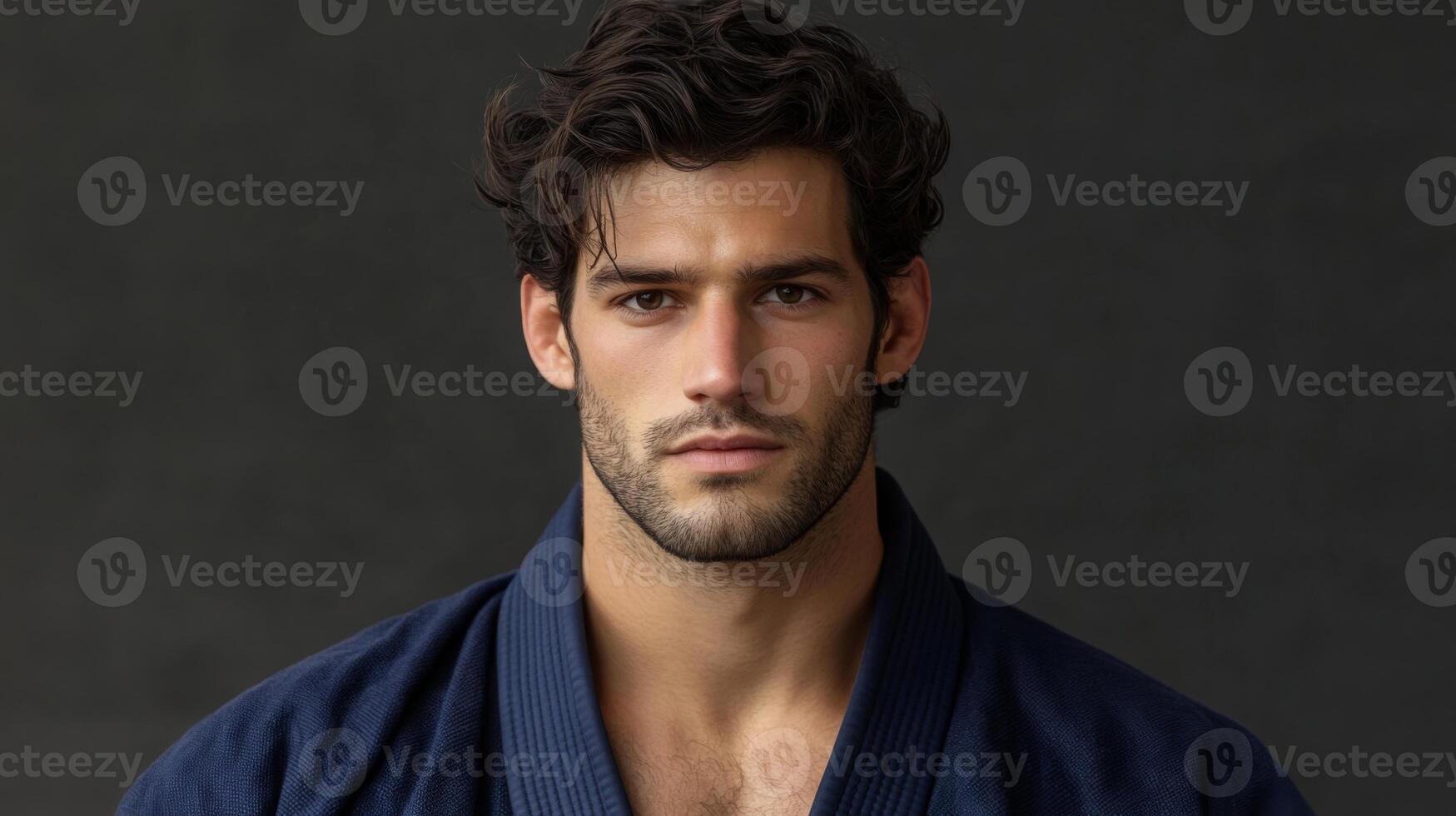 A young man in a dark traditional martial arts uniform displays a serious expression while standing against a simple backdrop, showcasing dedication to his craft and discipline in martial arts. photo