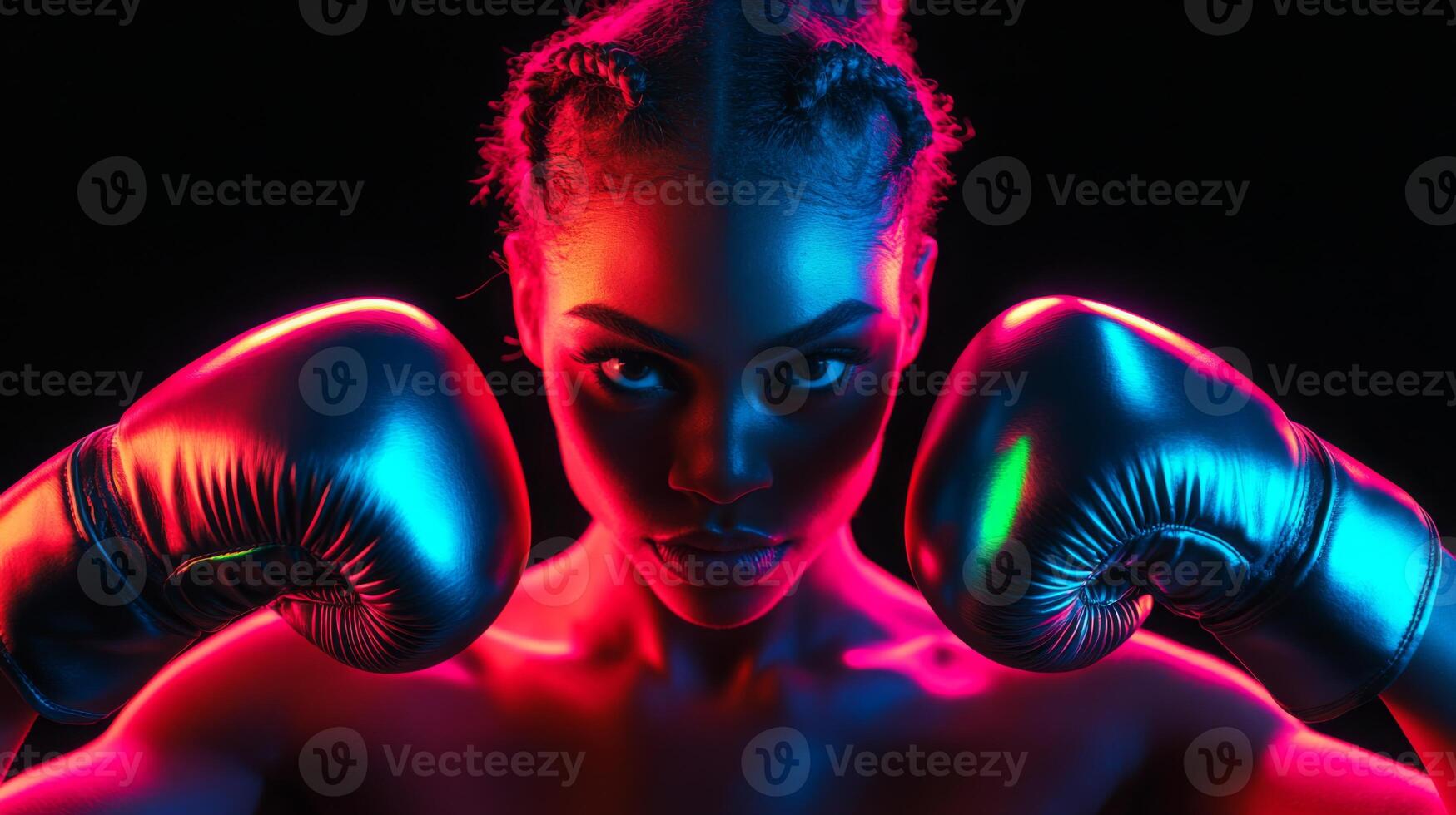 A strong female boxer stands poised with her fists raised, showcasing her boxing gloves. The dramatic neon lighting creates a striking contrast, emphasizing her fierce expression and athleticism. photo