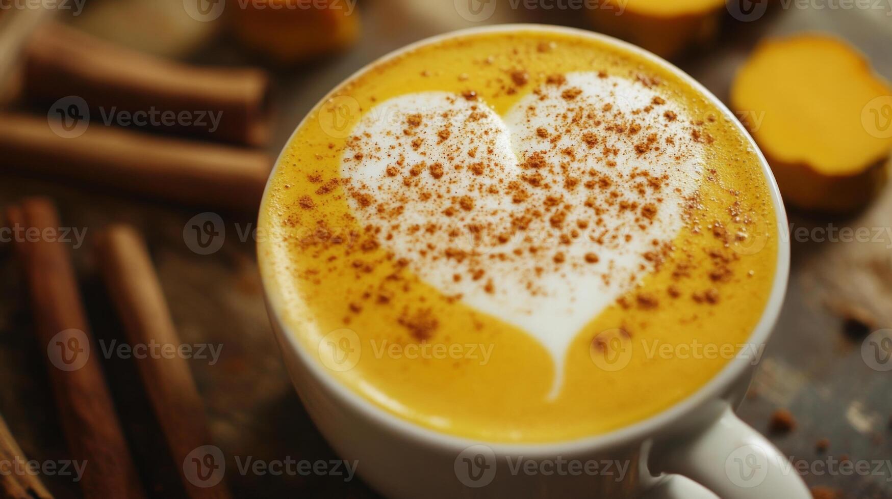 A warm cup of turmeric latte features a heart design made from creamy froth, sprinkled with spices. The setting evokes a cozy autumn atmosphere, surrounded by cinnamon sticks and rustic elements. photo