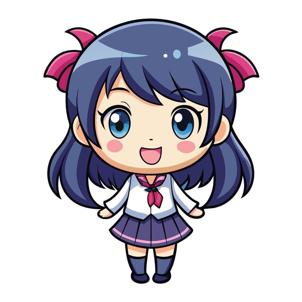 a cartoon girl with blue hair and pink eyes vector