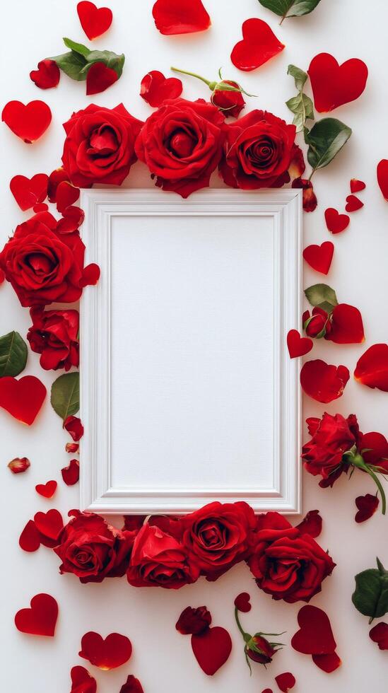 Red roses and heart petals create a romantic frame for a special message or photo display