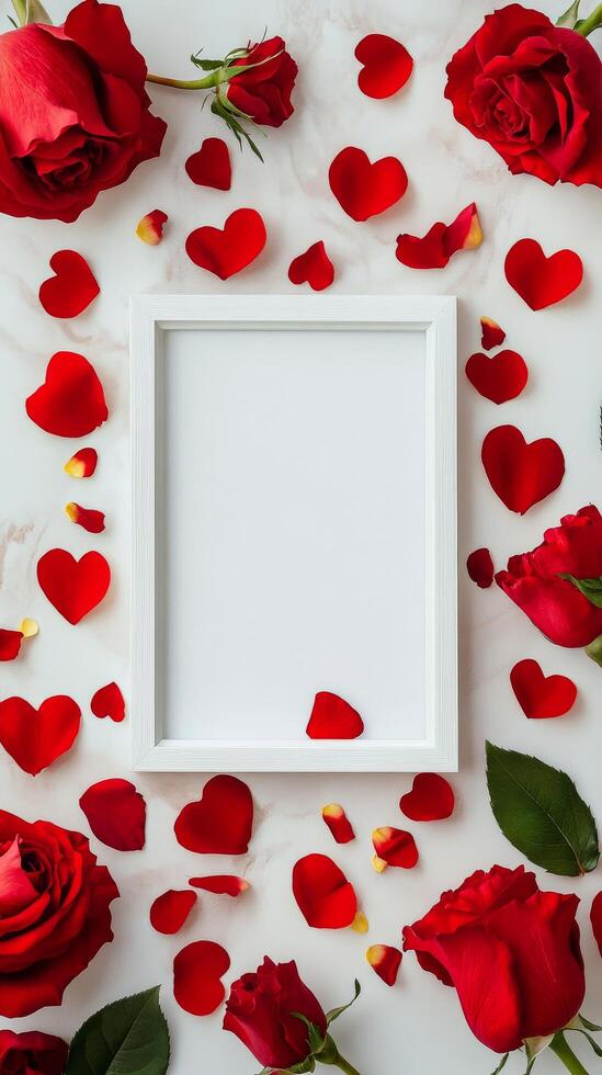 Red roses and heart petals create a romantic frame for a special message or photo display