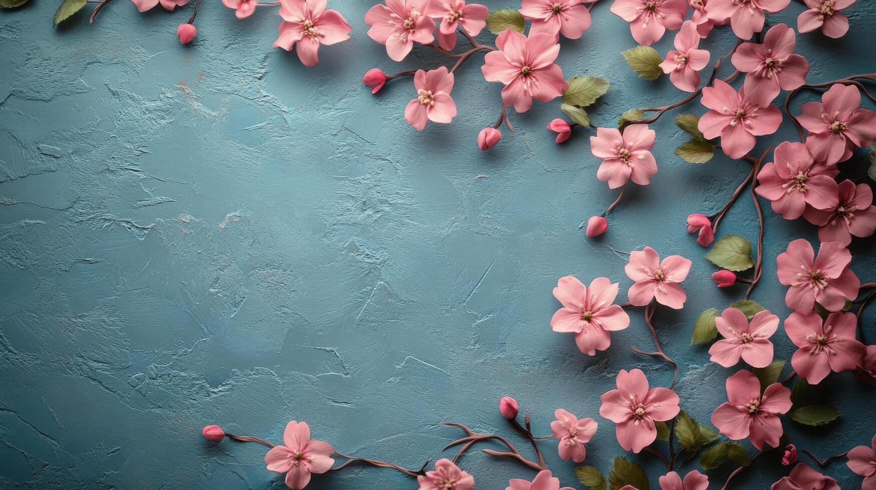 Pink cherry blossoms arranged on a blue textured background for spring decoration photo