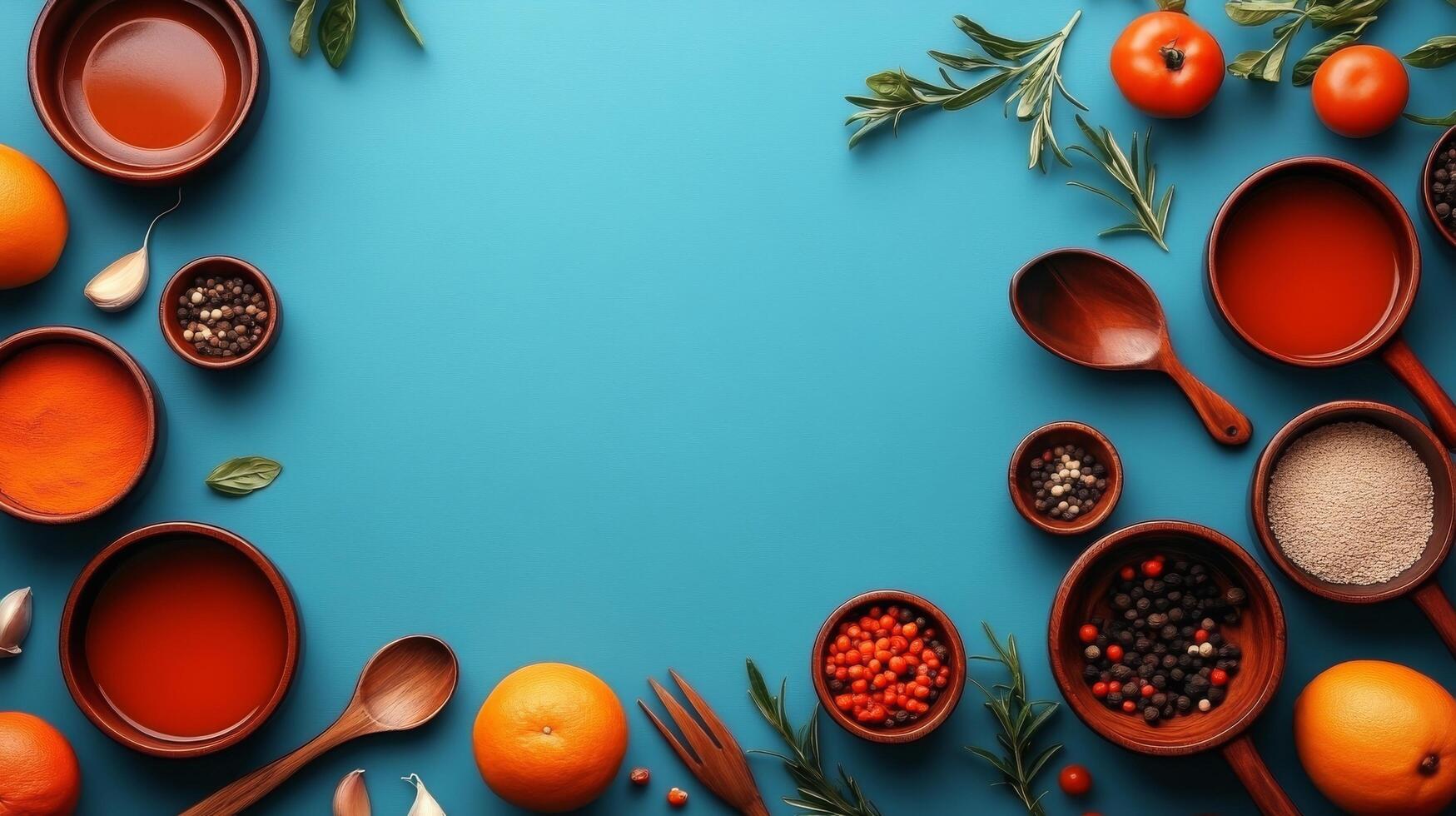 An assortment of spices, herbs, and fresh fruits is artfully arranged on a bright blue surface photo