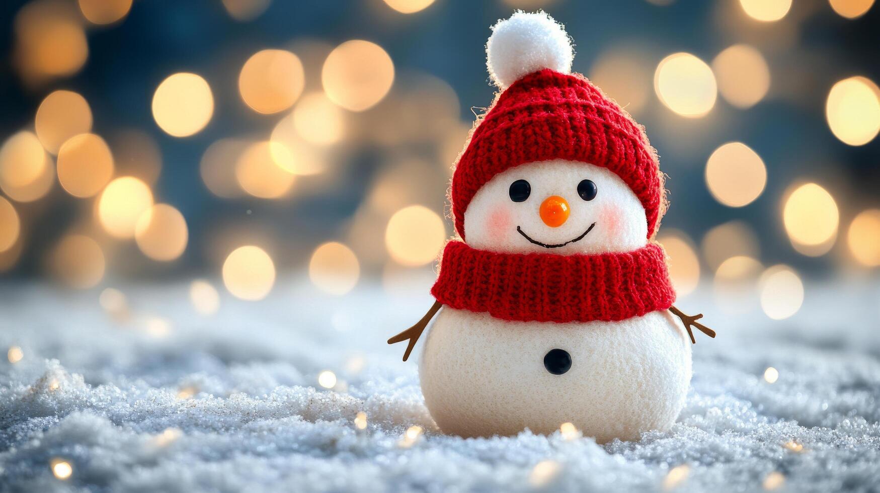 Cheerful snowman wearing red hat and scarf surrounded by glowing lights in winter setting photo