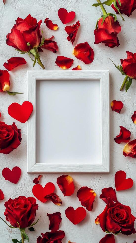 Red roses and heart petals create a romantic frame for a special message or photo display