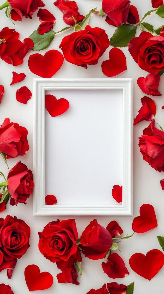 Red roses and heart petals create a romantic frame for a special message or photo display