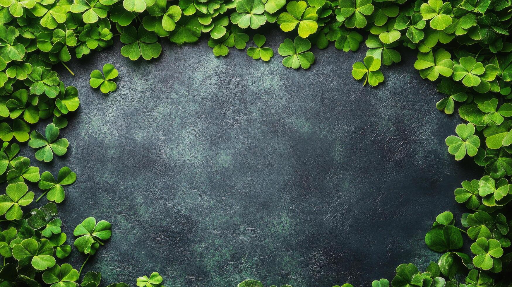 Bright green clover leaves frame textured dark surface for natural decor photo